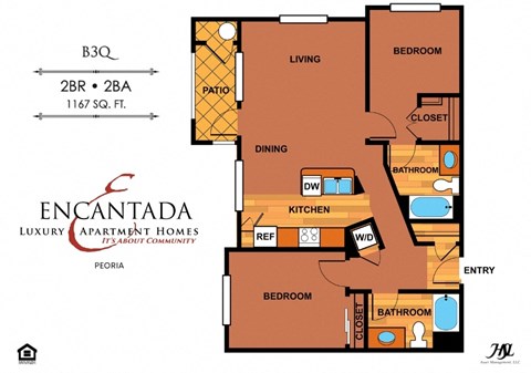Encantada B3Q floor plan of an apartment with 2 bedrooms and 2 bathrooms